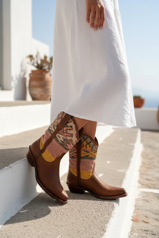 Bravas Kelim Boots – Håndlavede vestlige støvler med vintage marokkansk Kilim (lavet på bestilling)