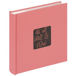 Coral pink photo album, 200 photos capacity, inspirational text design, square shape, modern aesthetic.