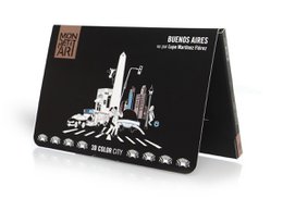 Black and white 3D pop-up folder depicting the skyline of Buenos Aires, Argentina. Features iconic landmarks and buildings in a stylized, artistic design.