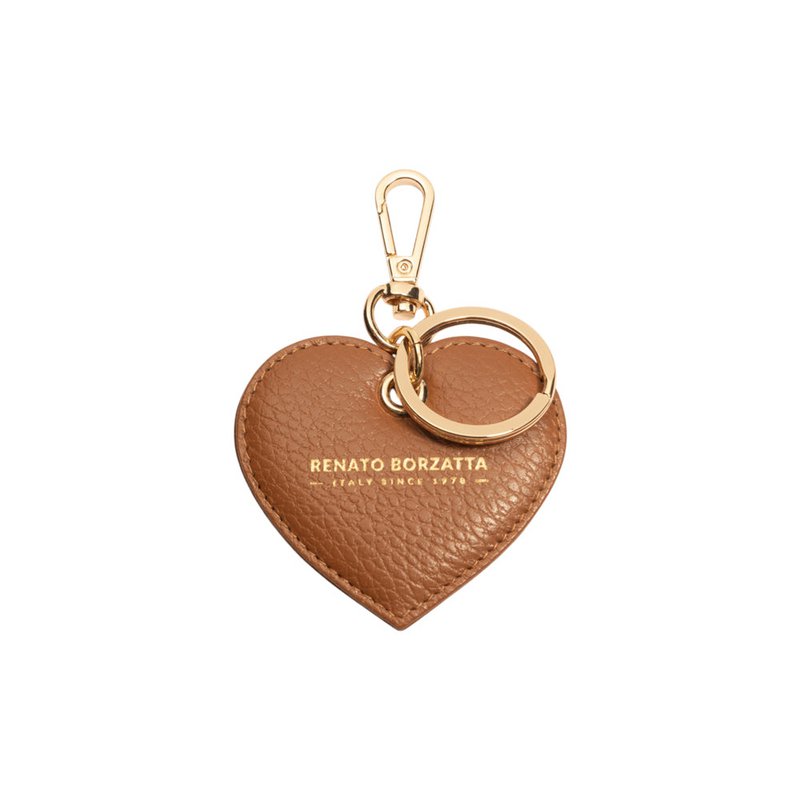 RB1082GS | Schlüsselanhänger mit Herzanhänger, hergestellt in Italien aus echtem genarbtem Dollar-Leder. Cognac-Farbe