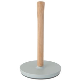 A wooden kitchen roll holder with a gray base. The holder has a simple, minimalist design that would fit well in a modern kitchen.