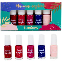 A set of 5 vibrant nail polish colors in red, blue, and pink shades, suitable for kids.