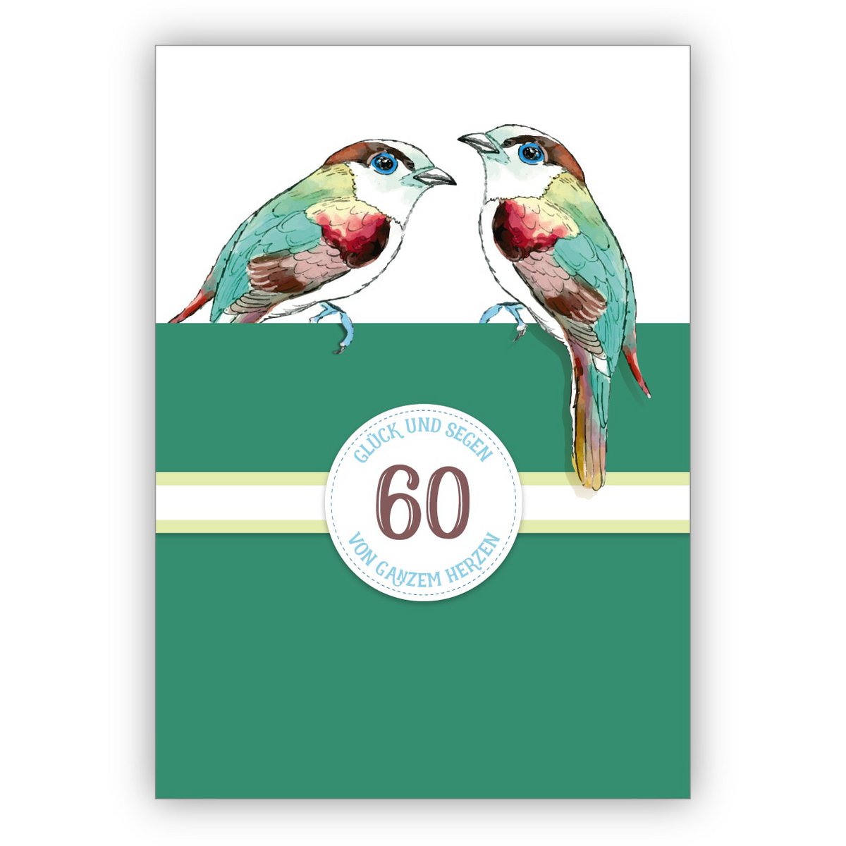 Mooie klassieke verjaardagskaart voor een 60e verjaardag of voor een diamanten bruiloft, 60 jaar huwelijksjubileum met vogels in het groen: 60 geluk en zegeningen uit de grond van mijn hart