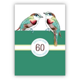 Hermosa tarjeta de cumpleaños clásica para un 60 cumpleaños o para una boda de diamantes, 60 años de aniversario de matrimonio con pájaros en verde: 60 felicidad y bendiciones desde el fondo de mi corazón