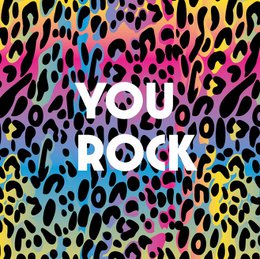  Colorful leopard print background with the text "YOU ROCK" in the center. This vibrant and playful wall art or sign would make a great addition to a kid's room or playful home decor.