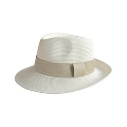  A wide-brimmed fedora hat in a natural or ivory color, suitable for casual or formal wear.