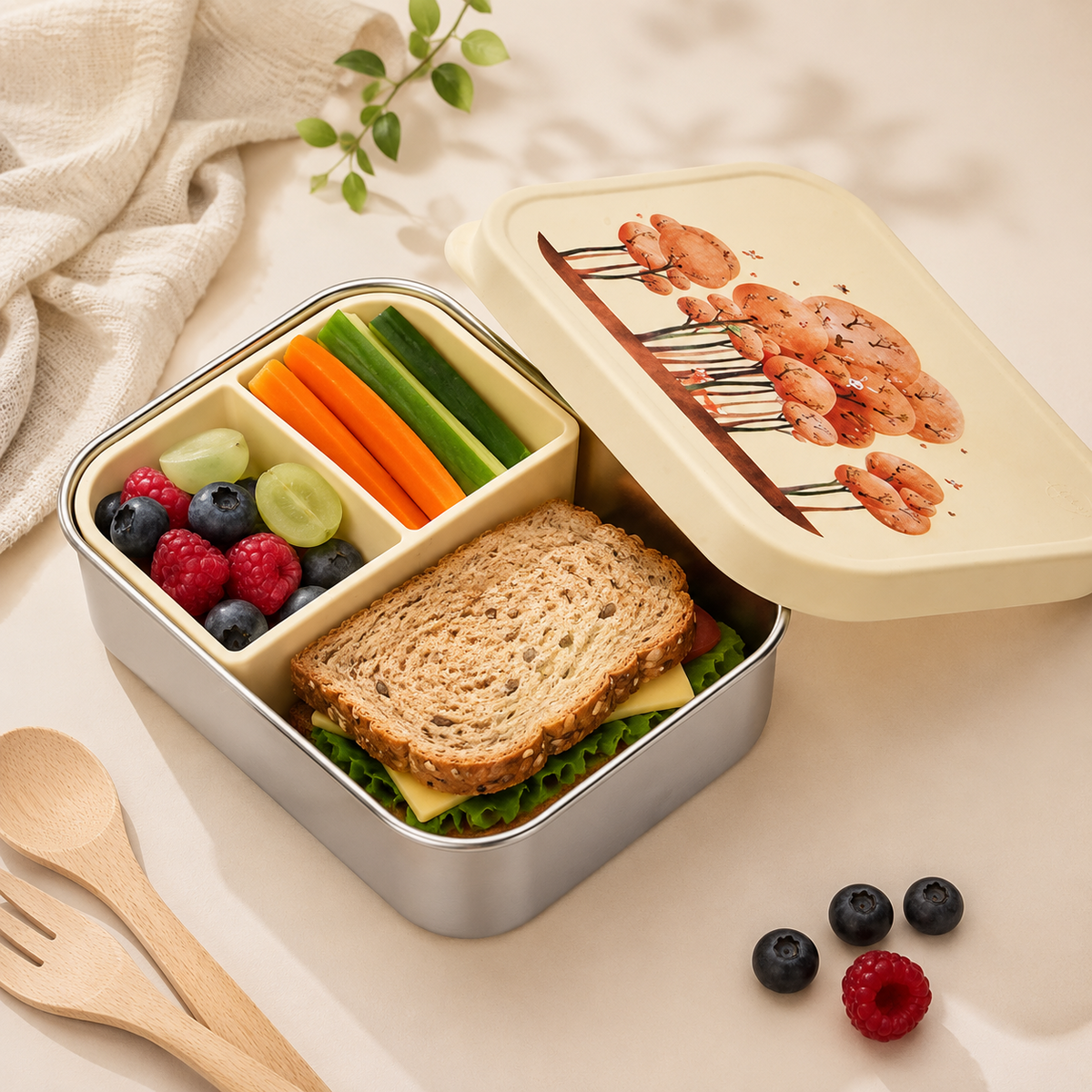 Jenard® Brotdose für Kinder, Edelstahl mit Silikondeckel, inkl. Trennfach, Creme / Wald mit Tiere