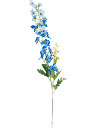 Tall blue artificial delphinium flower with green leaves.