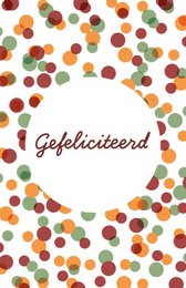 Colorful congratulations card with text "Gefeliciteerd" surrounded by a pattern of various round shapes in different colors.