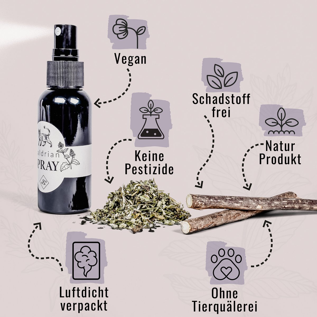 ne&no® Geschenkset Katzen Wohlfühlkräuter: Katzenminze + Baldrian Spray +  Matatabi Sticks