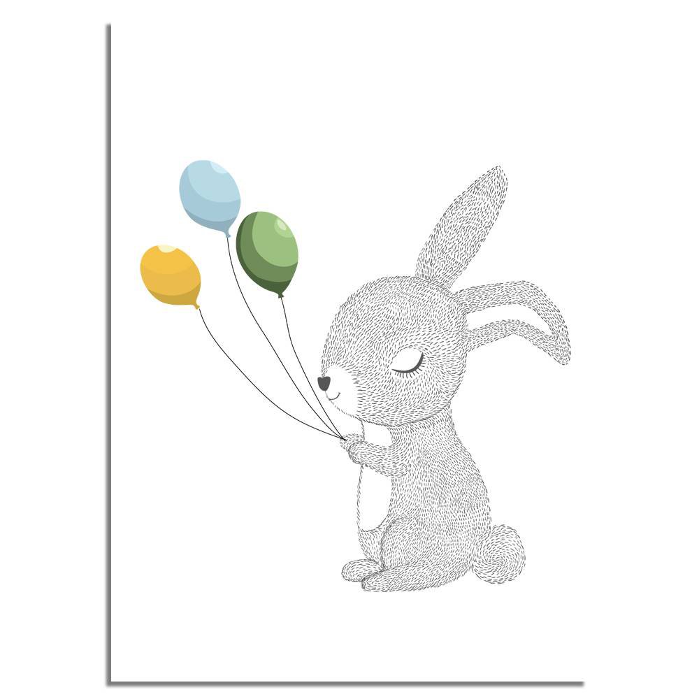 Kids room poster rabbit with balloons - Yellow blue green