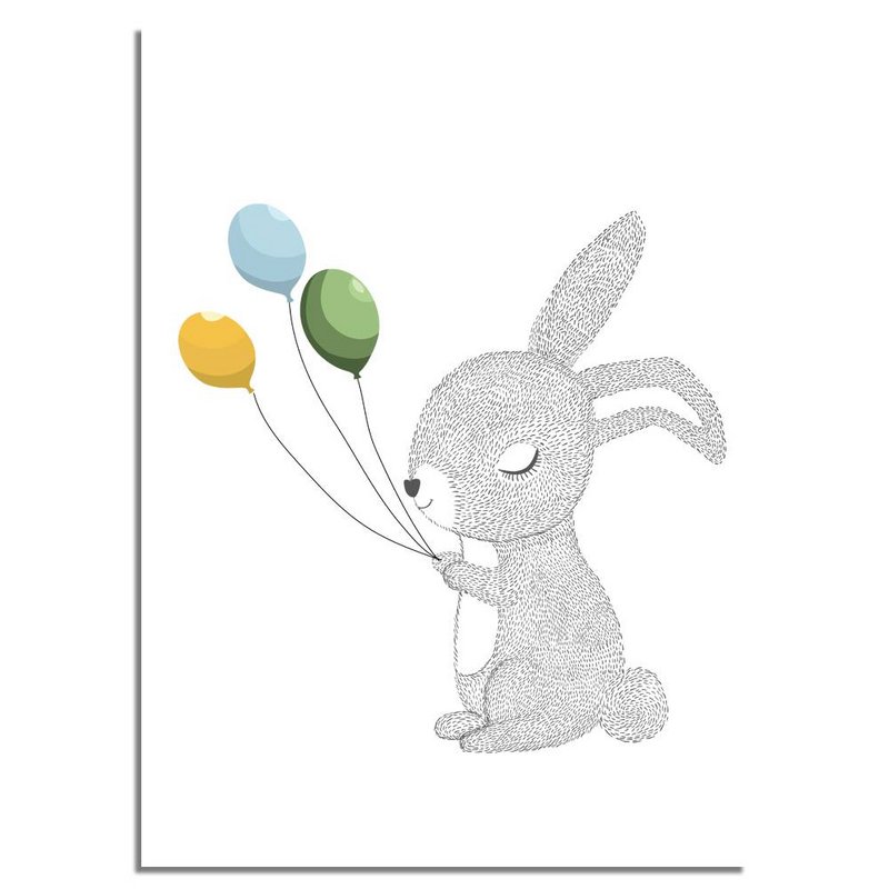 Kinderzimmer Poster Kaninchen mit Luftballons - Gelb blau grün