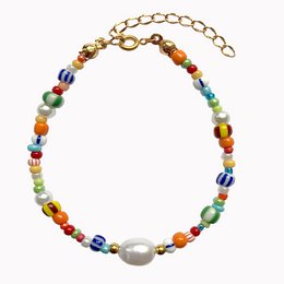 Colorful beaded bracelet with a pearl charm, featuring a mix of round and irregular shaped beads in various vibrant hues.