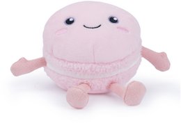 Pink soft plush macaron squishy toy with cute face, round shape, 17cm size, dessert-themed plushie.