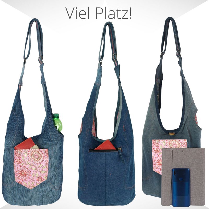 Sunsa sustainable jeans bag. 2-sided portable shoulder bag. Hobo bag. Boho Crossbody Bag