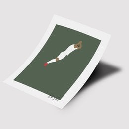Minimalist poster featuring a simple illustration of a person in a white outfit diving or jumping against a dark green background.