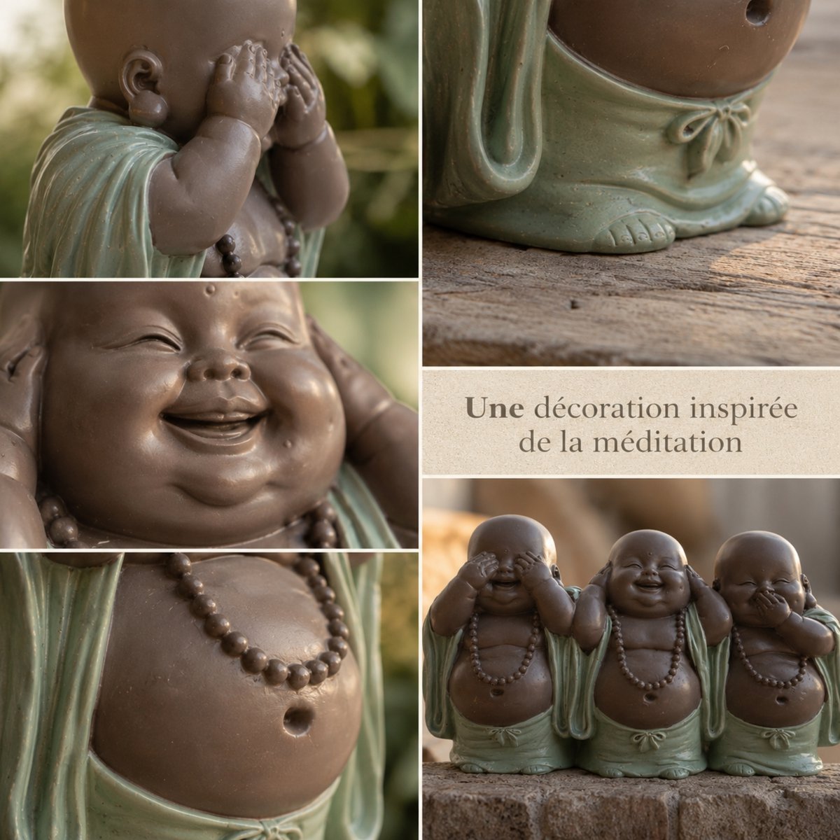Estatua 3 Budas que Ríen - Decoración Zen y Feng Shui - Para crear un ambiente relajante y espiritual - Idea de regalo de la suerte