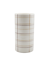  Ceramic flower vase with a white body and gold striped pattern, suitable for holding flowers and adding a decorative touch to any room.