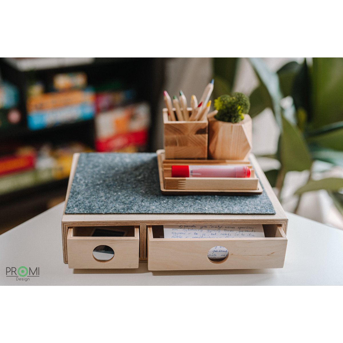 Wooden desk organizer with moss, Desk accessories with moss
