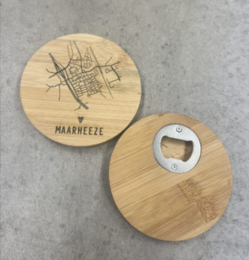  Bamboo wooden bottle opener with a simple, minimalist design. Features a laser-etched map design on the front.