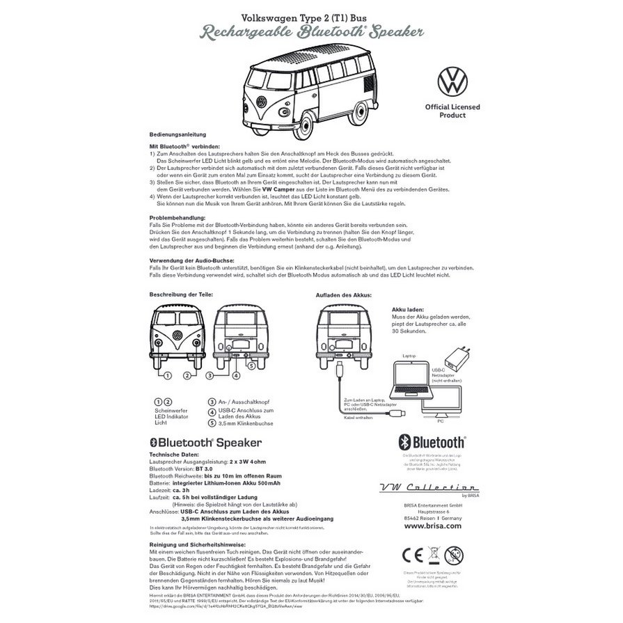 Volkswagen VW T1 Bus Bluetooth Speaker in Geschenkdoos - Blauw