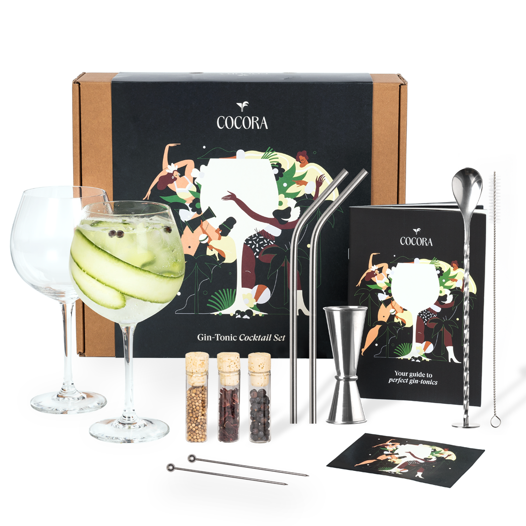 Cocora Gin Tonic Geschenkset – 12-teiliges Edelstahl-Cocktail-Set – Tritan®-Kristallglas – Cocktailbuch – Nachhaltig
