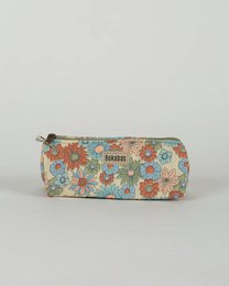  Retro quilted pencil case, floral pattern, orange and turquoise colors, cylindrical shape, kids storage pouch
