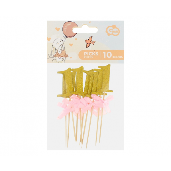 Prikkers 1 goud met roze strikje - 10 stuks