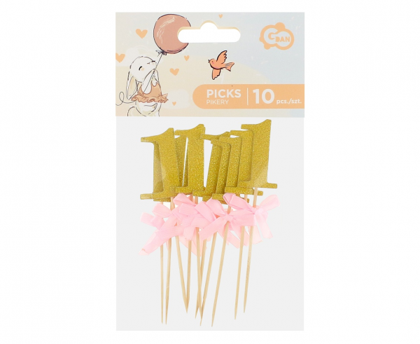 Picks 1 Gold mit rosa Schleife - 10 Stück
