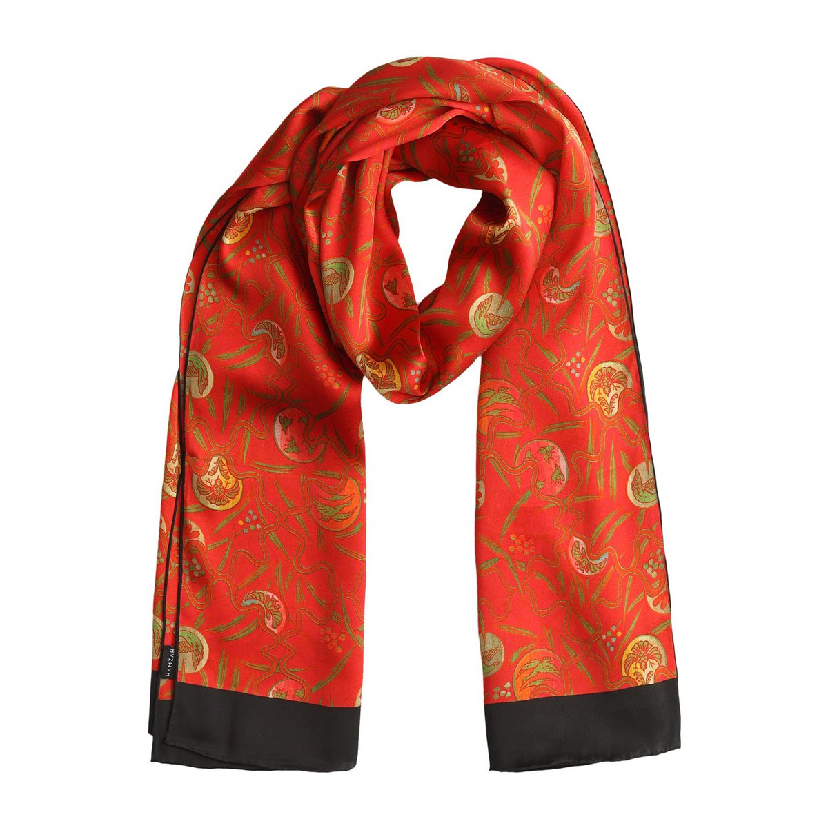 Écharpe en soie rouge avec imprimé floral abstrait kabuki