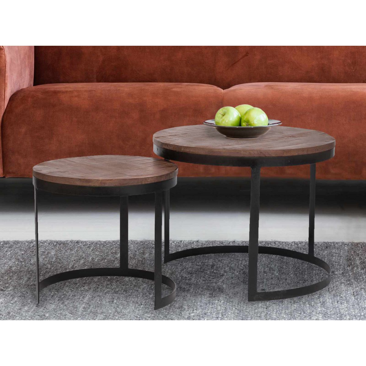 Mesa de centro, juego de 2, mesa auxiliar, mesa de salón, estructura redonda de metal Austin, plata antigua o negro