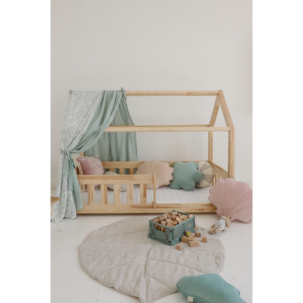 Muslin Boho Canopy with lace over the bed, House bed tent for children's room | Curtains for montessori bed |Toddler Bed Canopy, mint decor