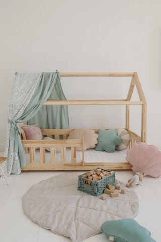 Muslin Boho Canopy with lace over the bed, House bed tent for children's room | Curtains for montessori bed |Toddler Bed Canopy, mint decor