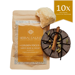 Golden Focus - Lionsmane Cacao blend, a cacao product featuring a blend of cacao and lionsmane mushroom powder, packaged in a kraft paper bag.
