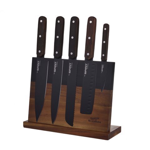 SOSL Bloc de 5 couteaux de cuisines, Set Acier Inoxydable, Titane, avec Bloc en Bois d'Acacia, Couteaux de Chef, Pain,Viande, Poisson, Lame Noire