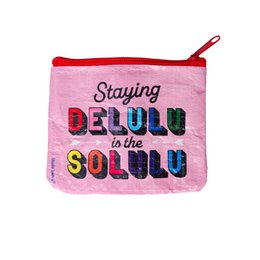 Small pink wallet coin purse made from recycled plastic with text "Staying delulu is the solulu" in colorful lettering.