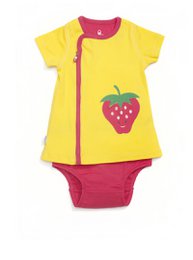 Zip-Up Strawberry Applique Pocket Dress