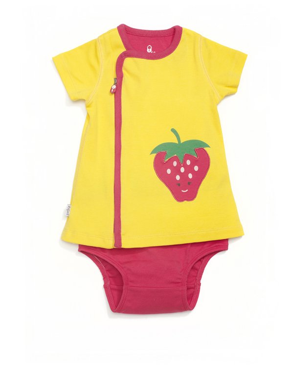 Zip-Up Strawberry Applique Pocket Dress