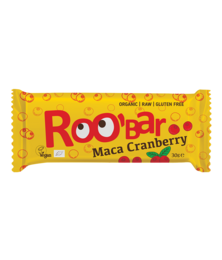 Organic maca and cranberry snack bar, 30g, in yellow packaging with red text and graphics.