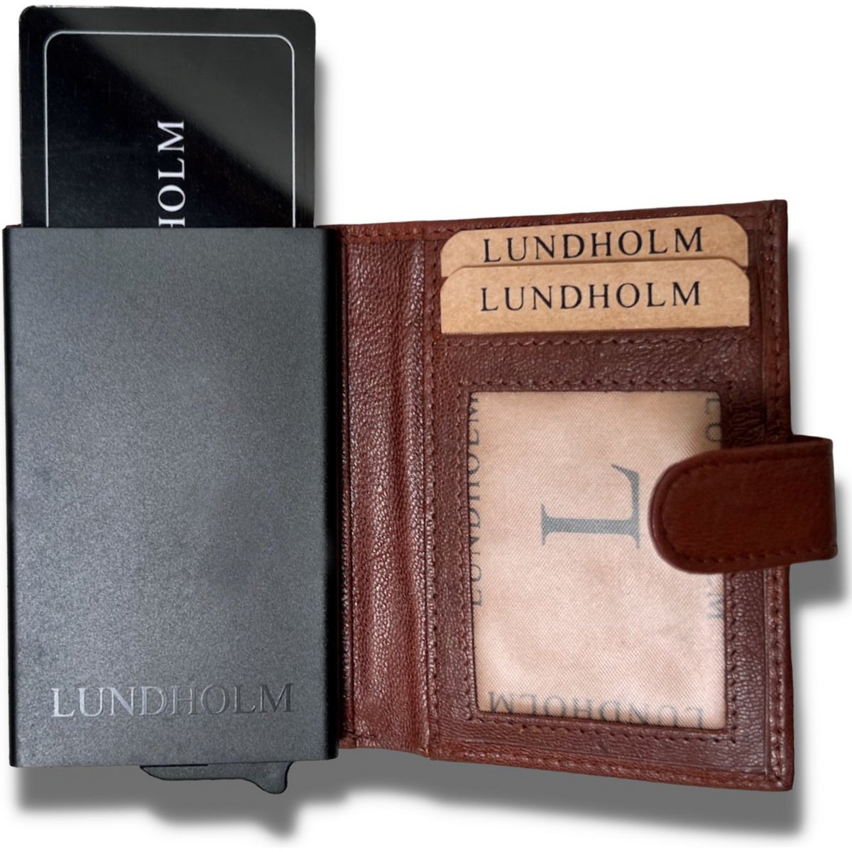 Tarjetero de piel + organizador de llaves marrón — set de regalo para hombre — Lundholm Örebro Safety Wallet