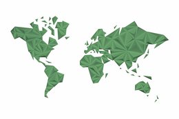 A large, green world map with varying shades of green representing different regions or countries. The map has a stylized, abstract design with irregular shapes and patterns.