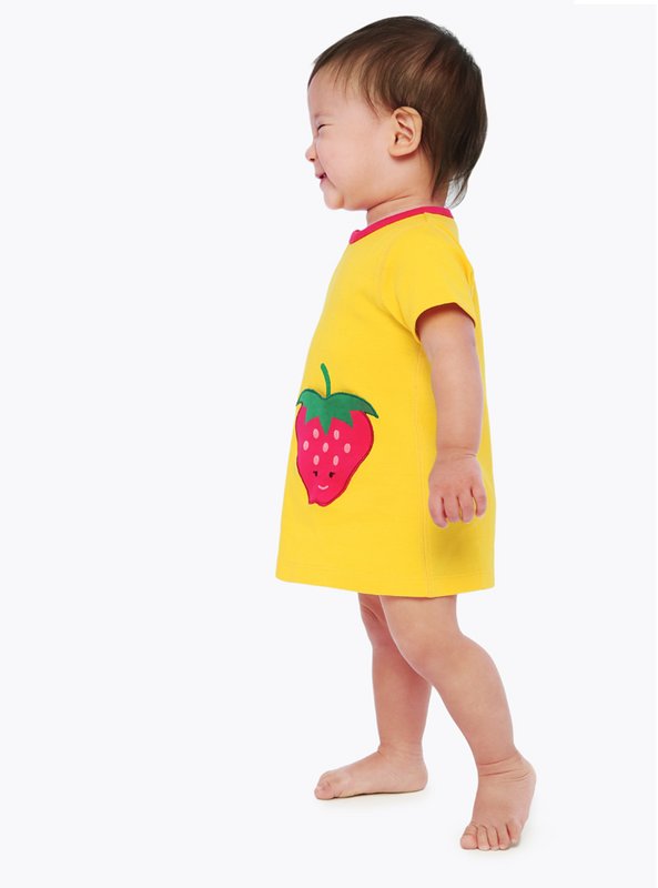Zip-Up Strawberry Applique Pocket Dress