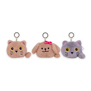 Pluche portemonnee dier met sleutelhanger, 3 assorti