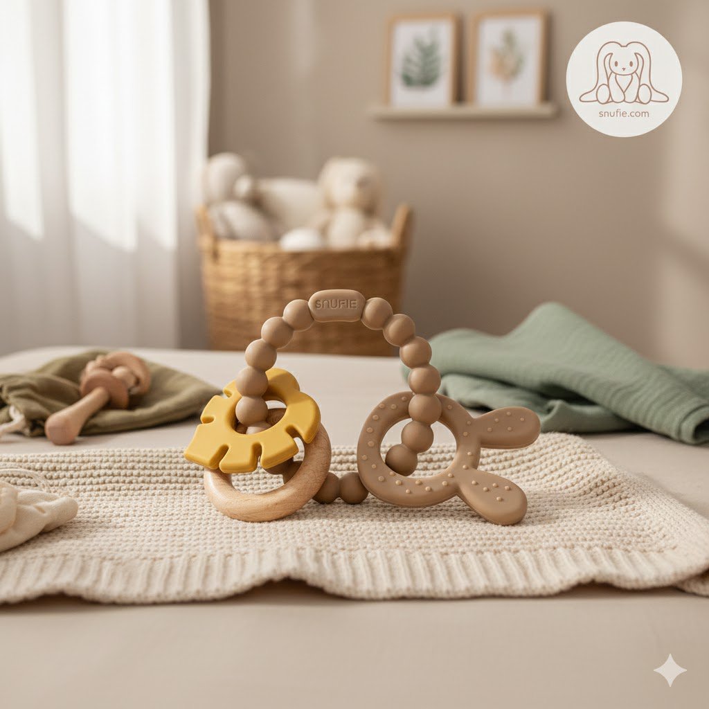Soft & Hard | Bunny & Leaf RATTLE Wood & Silicone Teether | Khaki & Oker