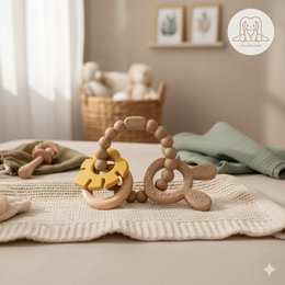 Soft & Hard | Bunny & Leaf RATTLE Wood & Silicone Teether | Khaki & Oker