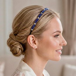 Blue crystal beaded headband, sapphire rhinestone hair accessory, elegant bridal hairpiece.