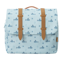 A light blue backpack with a repeating fish pattern, featuring tan leather-like straps and accents.