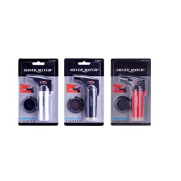 Adjustable flame gas torch, suitable for cooking, grilling, barbecuing, camping, and icing. Durable metal construction in black, silver, and red color options.