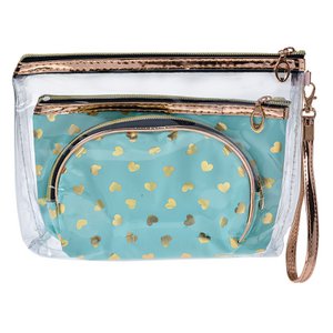 Kulturbeutel Damen 3er Set 23x17 / 20x13 / 18x12 cm Türkis Polyester Herzen