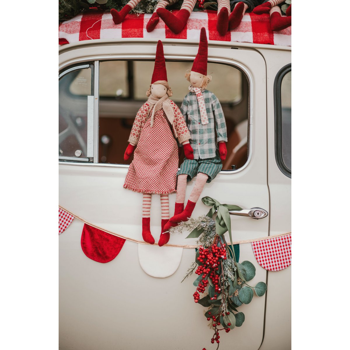 Guirlande de Noël en velours « à carreaux rouges » avec demi-lunes